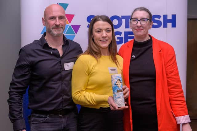 Evonne Morrison (centre), winner of the new £100,000 Pathways Award, with Mark Scott of former Scottish Edge winner Bella & Duke and Karen Roger of the Scottish Government that sponsors the prize. Picture: contributed.