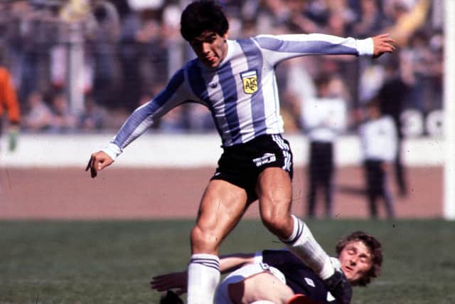 Diego Maradona in his pomp, playing for Argentina against Scotland at Hampden in 1979.