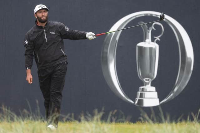 Jon Rahm gestures after teeing off in the penultimate group in the final round of the 151st Open at Royal Liverpool. Picture: Warren Little/Getty Images.
