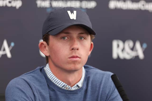 ST ANDREWS, SCOTLAND - AUGUST 31: Gordon Sargent of the United States during a press conference prior to the Walker Cup at St Andrews Old Course on August 31, 2023 in St Andrews, Scotland. (Photo by Oisin Keniry/R&A/R&A via Getty Images)