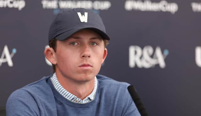 ST ANDREWS, SCOTLAND - AUGUST 31: Gordon Sargent of the United States during a press conference prior to the Walker Cup at St Andrews Old Course on August 31, 2023 in St Andrews, Scotland. (Photo by Oisin Keniry/R&A/R&A via Getty Images)