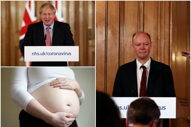 Boris Johnson and chief medical officer Professor Chris Whitty have outline drastic new guidelines to combat coronavirus, including for pregnant women to minimise social contact. Picture: Getty Images