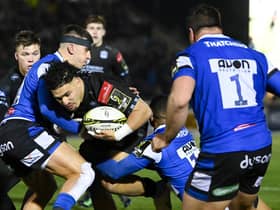 Glasgow Warriors' Sione Tuipulotu tries to barrel through the Bath defence during the 19-19 draw at Scotstoun.