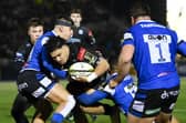 Glasgow Warriors' Sione Tuipulotu tries to barrel through the Bath defence during the 19-19 draw at Scotstoun.