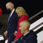 President Joe Biden and first lady Jill Biden arrive at Rome-Fiumicino International Airport to attend the G-20 leaders meeting, Friday, Oct. 29, 2021, in Rome. (AP Photo/Evan Vucci)