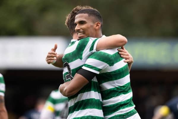 Celtic's Moritz Jenz (R) celebrates making it 2-1last week.  (Photo by Craig Williamson / SNS Group)