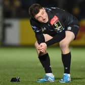 Glasgow Warriors' Duncan Weir watches on as his last-gasp penalty against Bath goes just wide. The match finished 19-19. (Photo by Ross MacDonald / SNS Group)