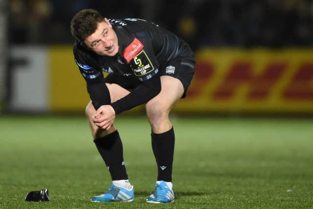 Glasgow Warriors' Duncan Weir watches on as his last-gasp penalty against Bath goes just wide. The match finished 19-19. (Photo by Ross MacDonald / SNS Group)