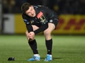 Glasgow Warriors' Duncan Weir watches on as his last-gasp penalty against Bath goes just wide. The match finished 19-19. (Photo by Ross MacDonald / SNS Group)