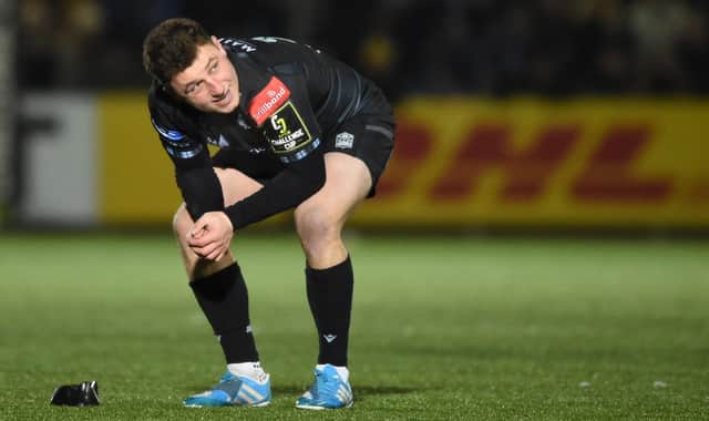 Glasgow Warriors' Duncan Weir watches on as his last-gasp penalty against Bath goes just wide. The match finished 19-19. (Photo by Ross MacDonald / SNS Group)