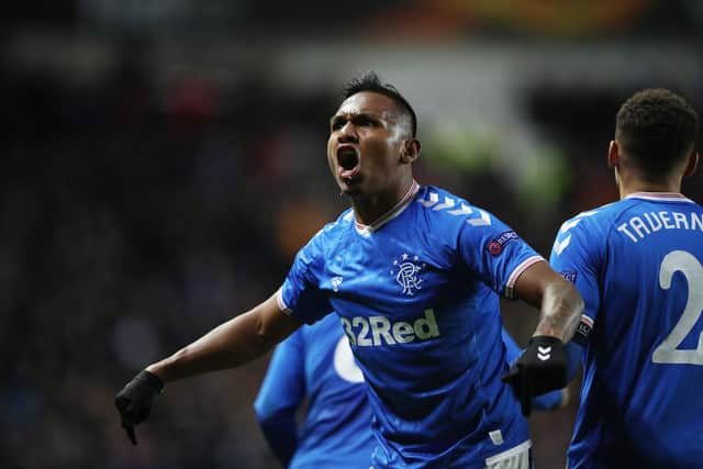 Alfredo Morelos celebrates after scoring against Porto at Ibrox in November 2019, one of his 27 Europa League goals for Rangers so far. (Photo by Ian MacNicol/Getty Images)