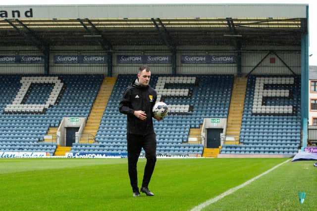 Referee Don Robertson during a pitch inspection ahead of a cinch Premiership match between Dundee and Rangers at the Scot Foam Stadium at Dens Park. (Photo by Ewan Bootman / SNS Group)