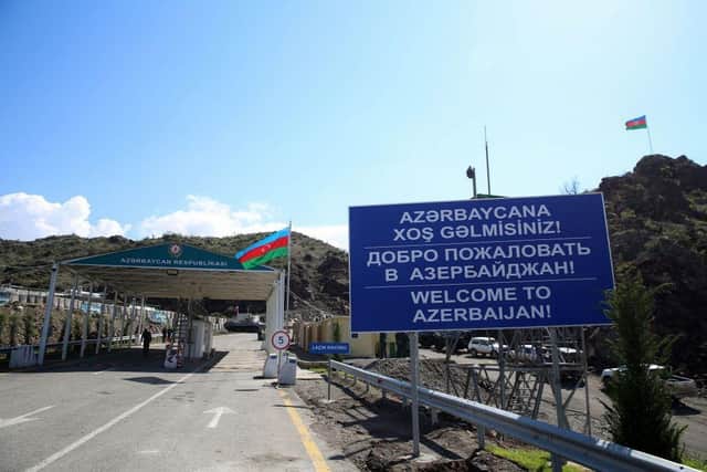 A view of an Azerbaijani checkpoint set up last month at the entry of the Lachin corridor, the Armenian-populated breakaway Nagorno-Karabakh region's only land link with Armenia, by a bridge across the Hakari river.