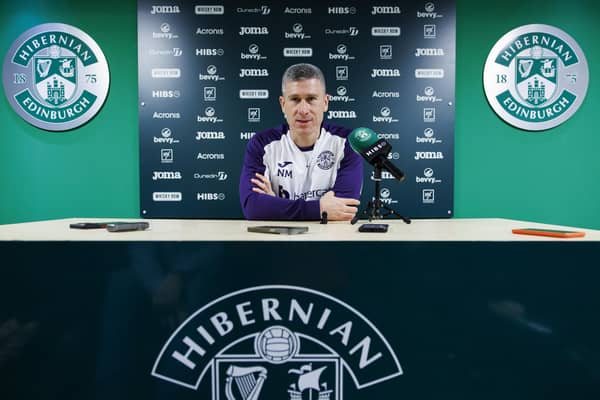 Hibs manager Nick Montgomery faces the media ahead of the weekend match at Motherwell. (Photo by Mark Scates / SNS Group)