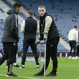 Jake Doyle-Hayes, pictured on crutches recently at Hampden, has already missed several months of the season.
