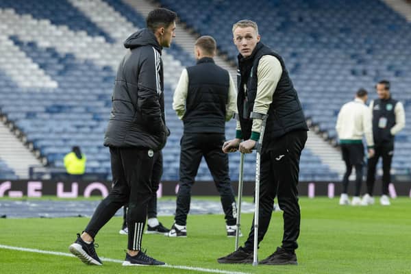 Jake Doyle-Hayes, pictured on crutches recently at Hampden, has already missed several months of the season.