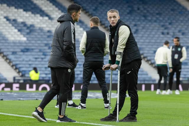 Jake Doyle-Hayes, pictured on crutches recently at Hampden, has already missed several months of the season.