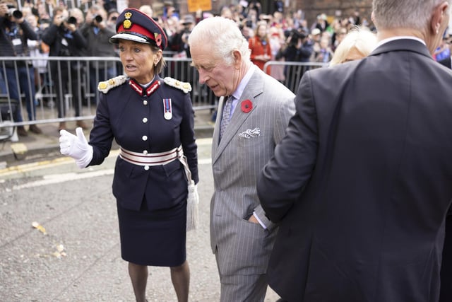 King Charles III reacts after an egg was thrown his direction as he arrived for a ceremony at Micklegate Bar in York, where the Sovereign is traditionally welcomed to the city.
