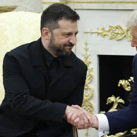 US President Donald Trump shakes hands with Ukrainian President Volodymyr Zelensky in the Oval Office on Monday  (Picture: Anna Moneymaker/Getty Images)
