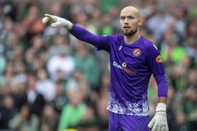 Dundee United's Saku Eriksson in goals during the 9-0 defeat to Celtic at Tannadice. (Photo by Rob Casey / SNS Group)