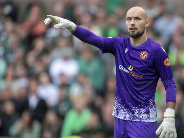 Dundee United's Saku Eriksson in goals during the 9-0 defeat to Celtic at Tannadice. (Photo by Rob Casey / SNS Group)