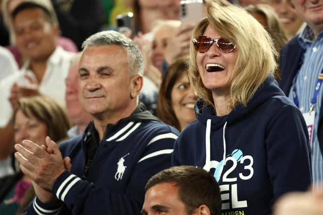 The parents of Serbia's Novak Djokovic, father Srdjan Djokovic (L) and mother Dijana Djokovic, react after he beats Russia's Andrey Rublev in the men's singles quarter-final match on day ten of the Australian Open tennis tournament in Melbourne on January 25, 2023. (Photo by DAVID GRAY/AFP via Getty Images)