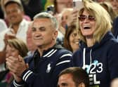 The parents of Serbia's Novak Djokovic, father Srdjan Djokovic (L) and mother Dijana Djokovic, react after he beats Russia's Andrey Rublev in the men's singles quarter-final match on day ten of the Australian Open tennis tournament in Melbourne on January 25, 2023. (Photo by DAVID GRAY/AFP via Getty Images)