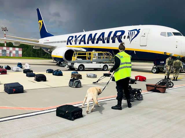 A Belarusian dog handler checks luggages off a Ryanair Boeing 737-8AS (flight number FR4978) parked on Minsk International Airport's apron in Minsk