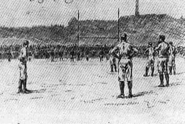 Illustration of a Calcutta Cup match played at Raeburn Place, 1890.