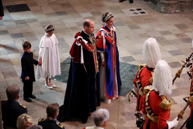 Prince George, Princess Charlotte, and the Prince and Princess of Wales arriving at the coronation of King Charles III and Queen Camilla at Westminster Abbey, London. Picture: Phil Noble/PA Wire
