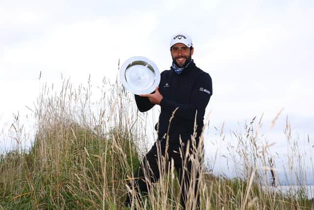 Adrian Otaegui poses with the trophy following his victory in the Scottish Championship presented by AXA at Fairmont St Andrews. Picture: Richard Heathcote/Getty Images