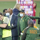 South African director of rugby Rassie Erasmus is congratulated at the end of the second Test win over the British and Irish Lions.