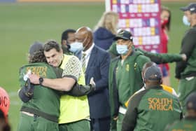 South African director of rugby Rassie Erasmus is congratulated at the end of the second Test win over the British and Irish Lions.