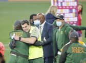 South African director of rugby Rassie Erasmus is congratulated at the end of the second Test win over the British and Irish Lions.