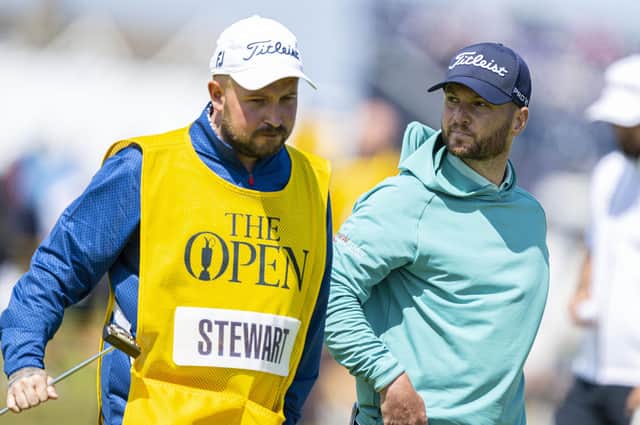 Michael Stewart, pictured with caddie Stuart Muir during this year's Open, is among the Scots teeing up in the second stage of the DP World Tour Q-School in Spain. Picture: Tom Russo/The Scotsman.
