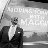 Margaret Thatcher, pictured with her election campaign bus and her husband Denis, during the 1987 general election campaign (Picture: PA)