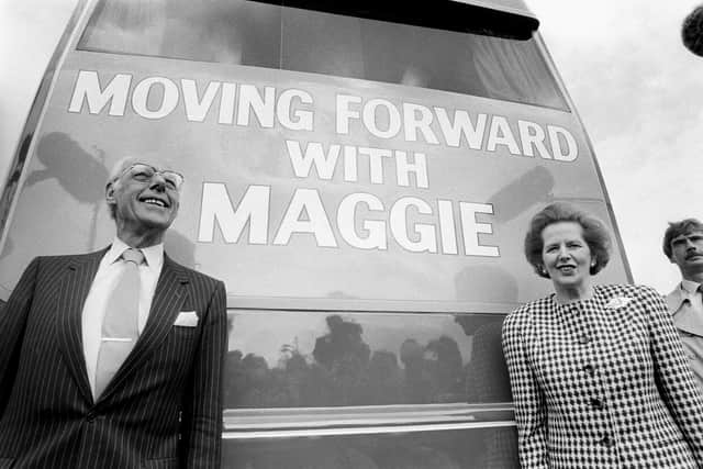 Margaret Thatcher, pictured with her election campaign bus and her husband Denis, during the 1987 general election campaign (Picture: PA)