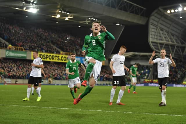 Steven Davis celebrates scoring for Northern Ireland against Estonia at Windsor Park in March 2019. (Photo by Charles McQuillan/Getty Images)