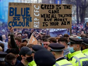 Thousands took to the streets outside Stamford Bridge to protest against the Super League on Tuesday night.