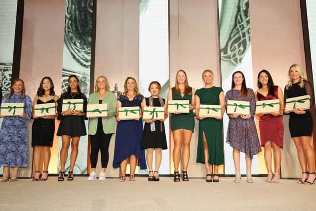 Gemma Dryburgh, far left, with fellow 'Rolex First-Time Winners' Andrea Lee, Paula Reto, Maja Stark, Ashleigh Buhai, Ayaka Furue, Jennifer Kupcho, Nanna Koerstz Madsen, Leona Maguire, Atthaya Thitikul and Jodi Ewart Shadoff after receiving their prizes during the LPGA Rolex Players Awards at the CME Group Tour Championship in Florida. Picture: Michael Reaves/Getty Images.