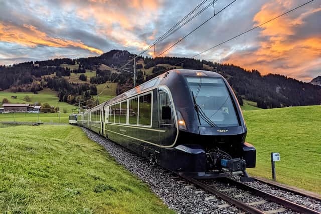 A scenic train on the GoldenPass Express which runs between Montreux and Interlaken in Switzerland. Picture: MOB