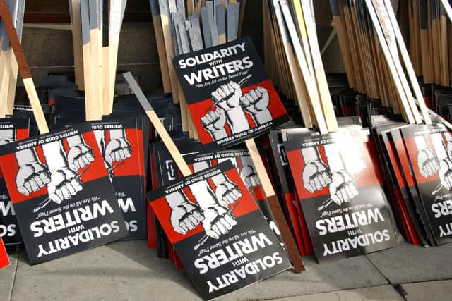 Signs from the 2007-2008 Writers Guild of America strike in Hollywood.