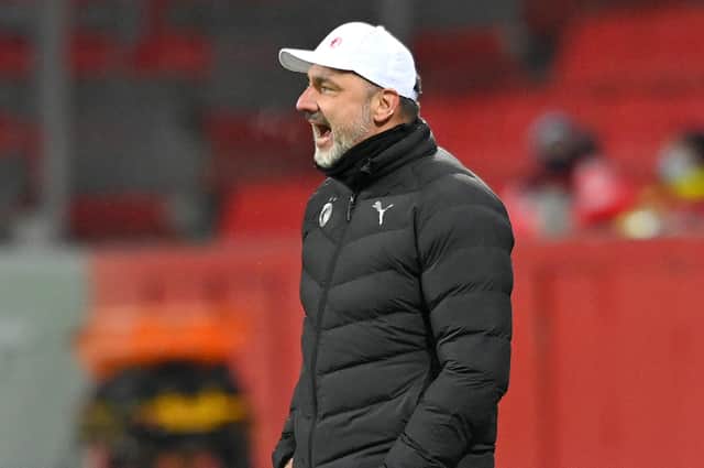 Jindrich Trpisovsky, Manager of Slavia Praha looks on during the UEFA Europa League Group C stage match between Bayer 04 Leverkusen and Slavia Praha at BayArena on December 10, 2020 in Leverkusen, Germany. (Photo by Sascha Steinbach - Pool/Getty Images)