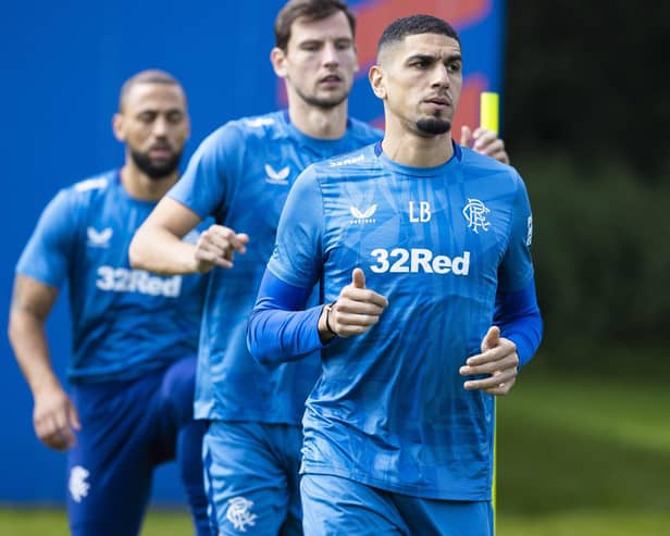 Leon Balogun in training yesterday. He has reunited with former Rangers teammates Kemar Roofe and Borna Barisic, pictured behind him (Photo by Alan Harvey / SNS Group)
