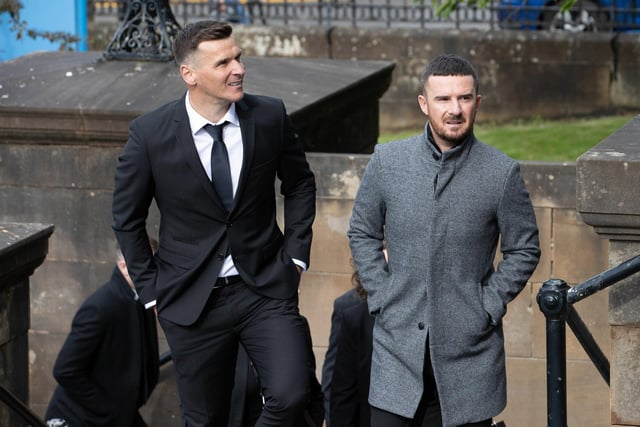 Former Rangers players Lee McCulloch (L) and Barry Ferguson arrive at the funeral of Rangers kitman Jimmy Bell