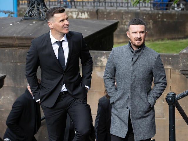 Former Rangers players Lee McCulloch (L) and Barry Ferguson arrive at the funeral of Rangers kitman Jimmy Bell
