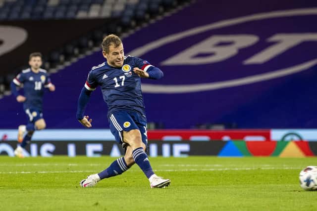 GLASGOW, SCOTLAND - OCTOBER 14: Ryan Fraser makes it 1-0 during a Nations League match between Scotland and Czech Republic at Hampden Park, on October 14 2020, in Glasgow, Scotland (Photo by Craig Williamson / SNS Group)