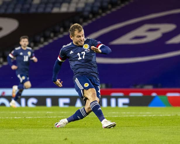 GLASGOW, SCOTLAND - OCTOBER 14: Ryan Fraser makes it 1-0 during a Nations League match between Scotland and Czech Republic at Hampden Park, on October 14 2020, in Glasgow, Scotland (Photo by Craig Williamson / SNS Group)