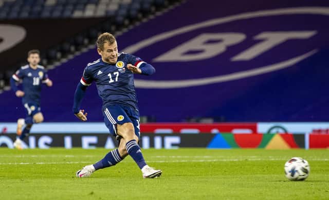 GLASGOW, SCOTLAND - OCTOBER 14: Ryan Fraser makes it 1-0 during a Nations League match between Scotland and Czech Republic at Hampden Park, on October 14 2020, in Glasgow, Scotland (Photo by Craig Williamson / SNS Group)