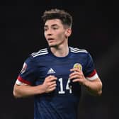 Scotland player Billy Gilmour in action during the 2022 FIFA World Cup Qualifier match between Scotland and Denmark at Hampden. (Photo by Stu Forster/Getty Images)